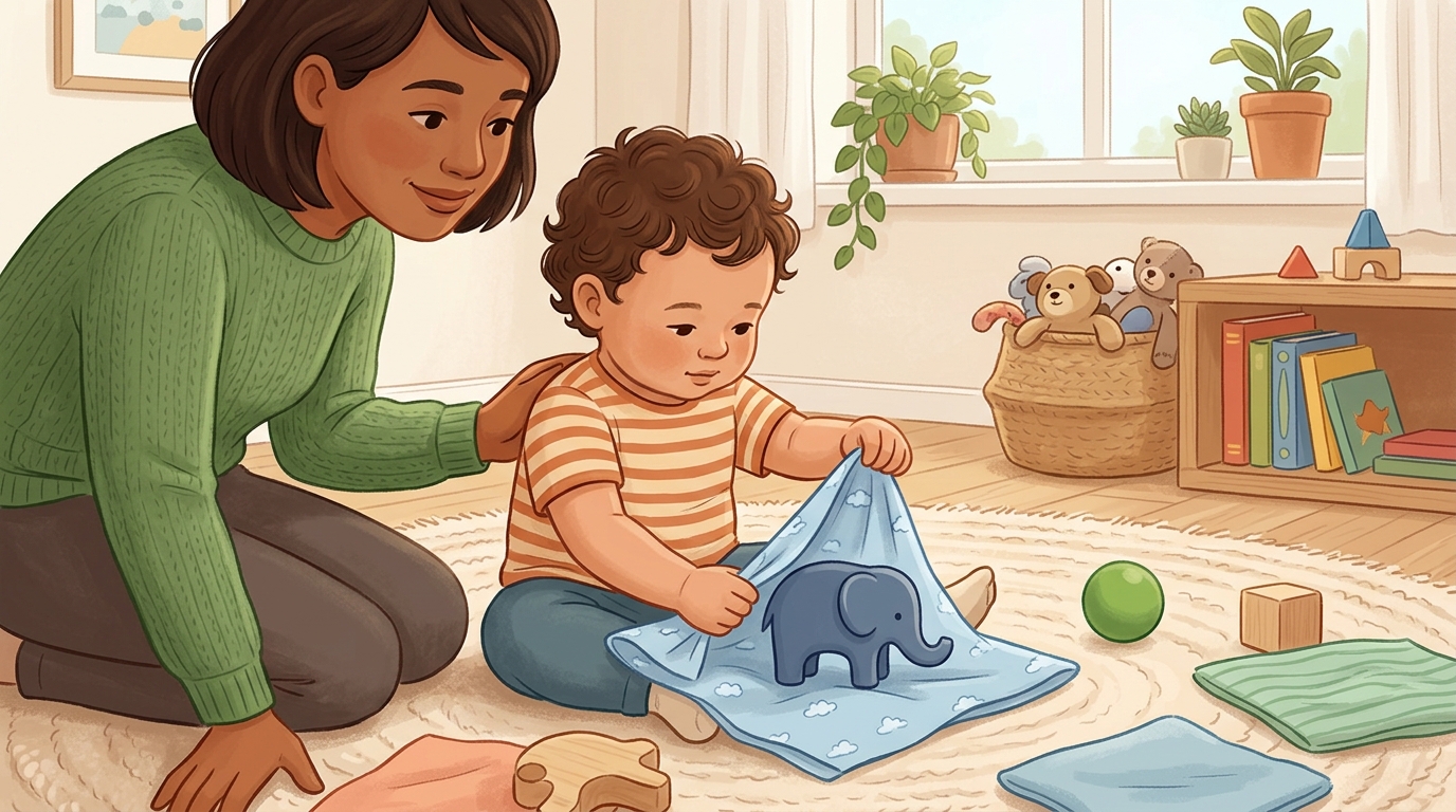 Cartoon illustration of a parent and child at home doing Wrap and Unwrap.