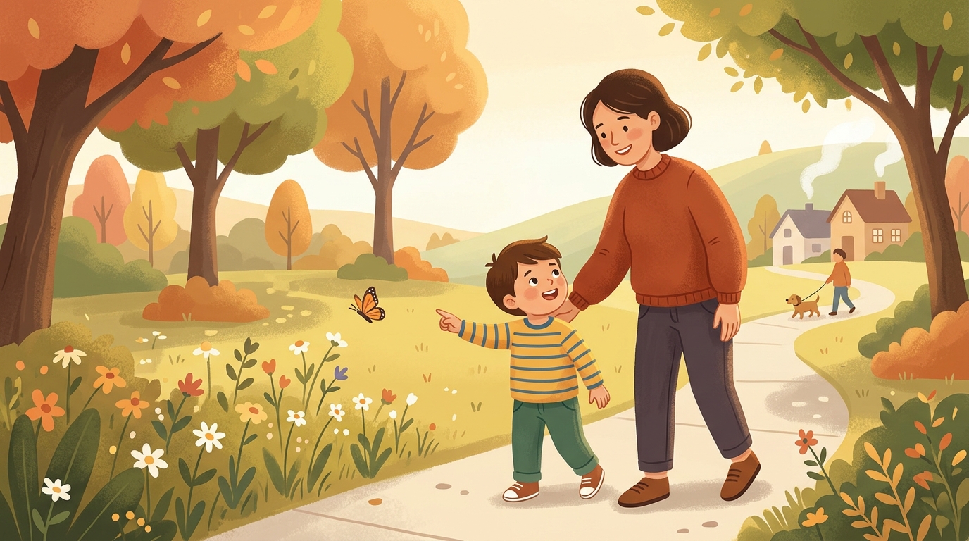 Cartoon illustration of a parent and child outdoors doing Walking Chat.