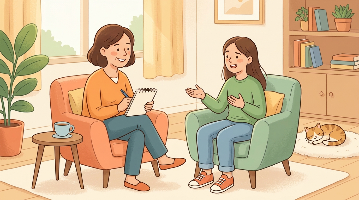 Cartoon illustration of a parent and child at home doing Mock Job Interview.
