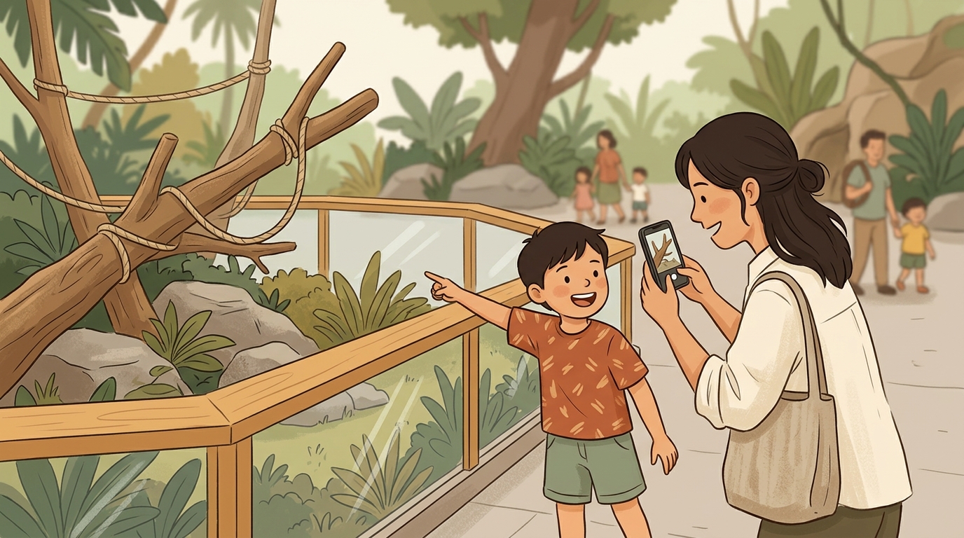 Cartoon illustration of a parent and child at home doing Habitat Helper Photo.