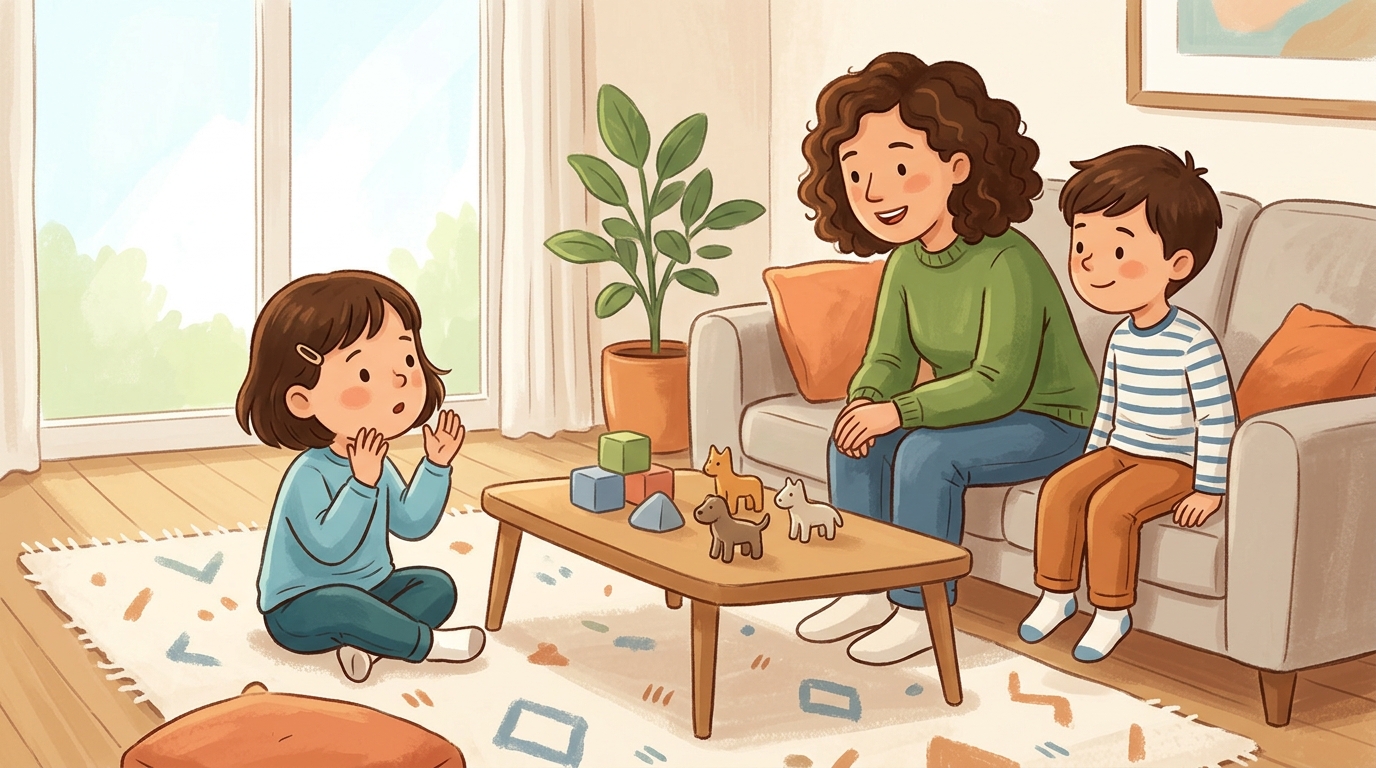 Cartoon illustration of a parent and child at home doing Twenty Questions.