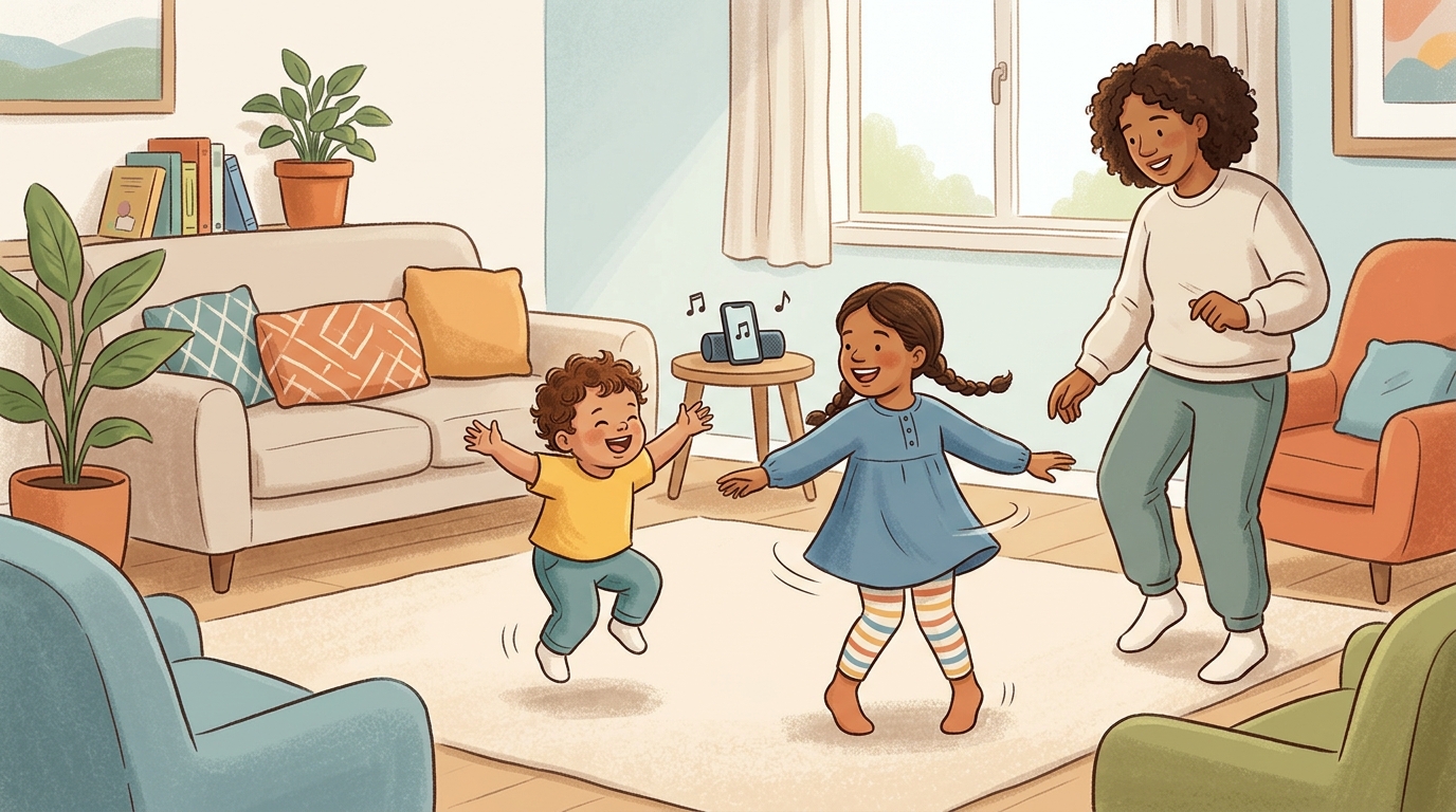 Cartoon illustration of a parent and child at home: free-form dancing to music for movement and joy.
