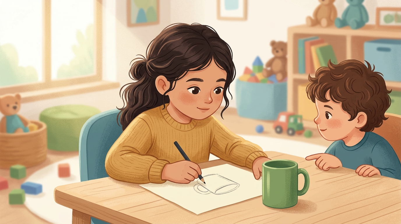 Cartoon illustration of a parent and child at home doing Look and Draw Study.