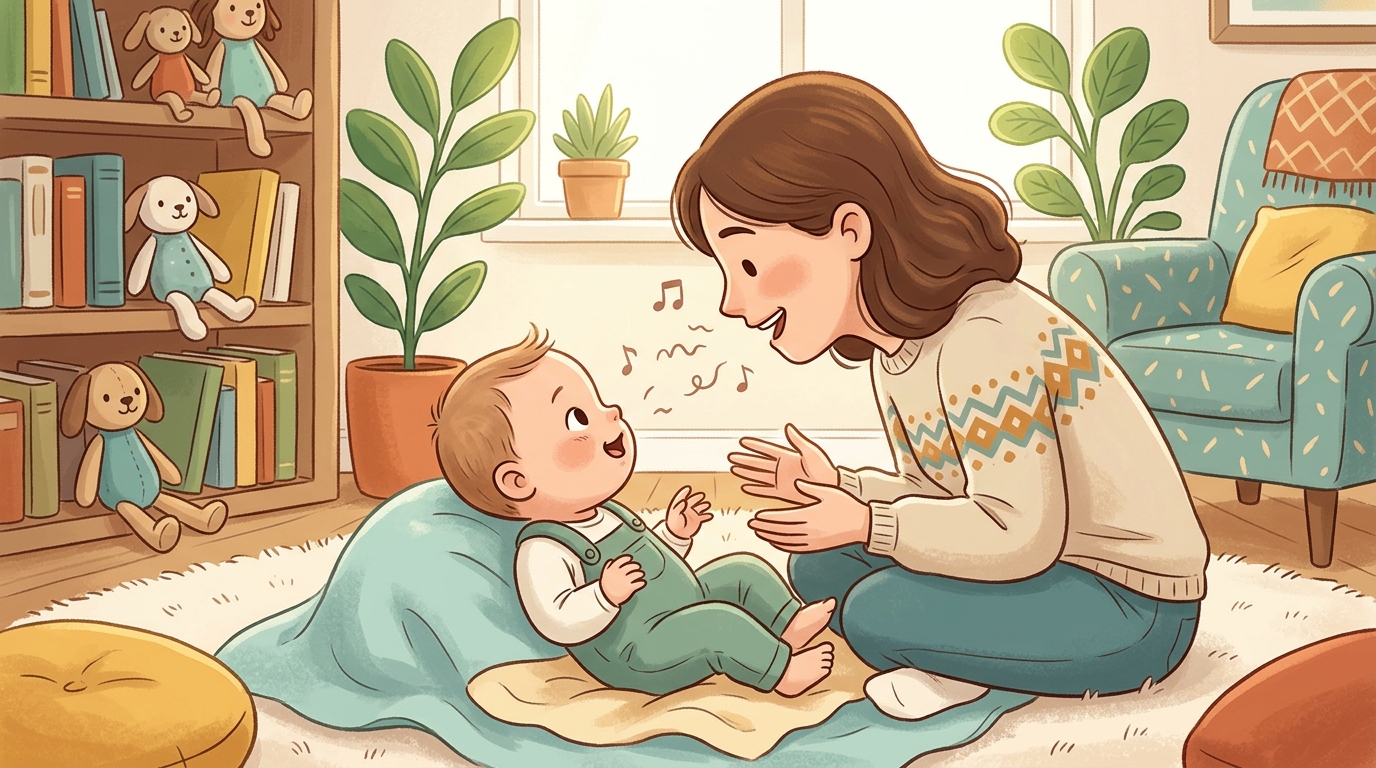 Cartoon illustration of a parent and child at home doing Serve and Return Babble.