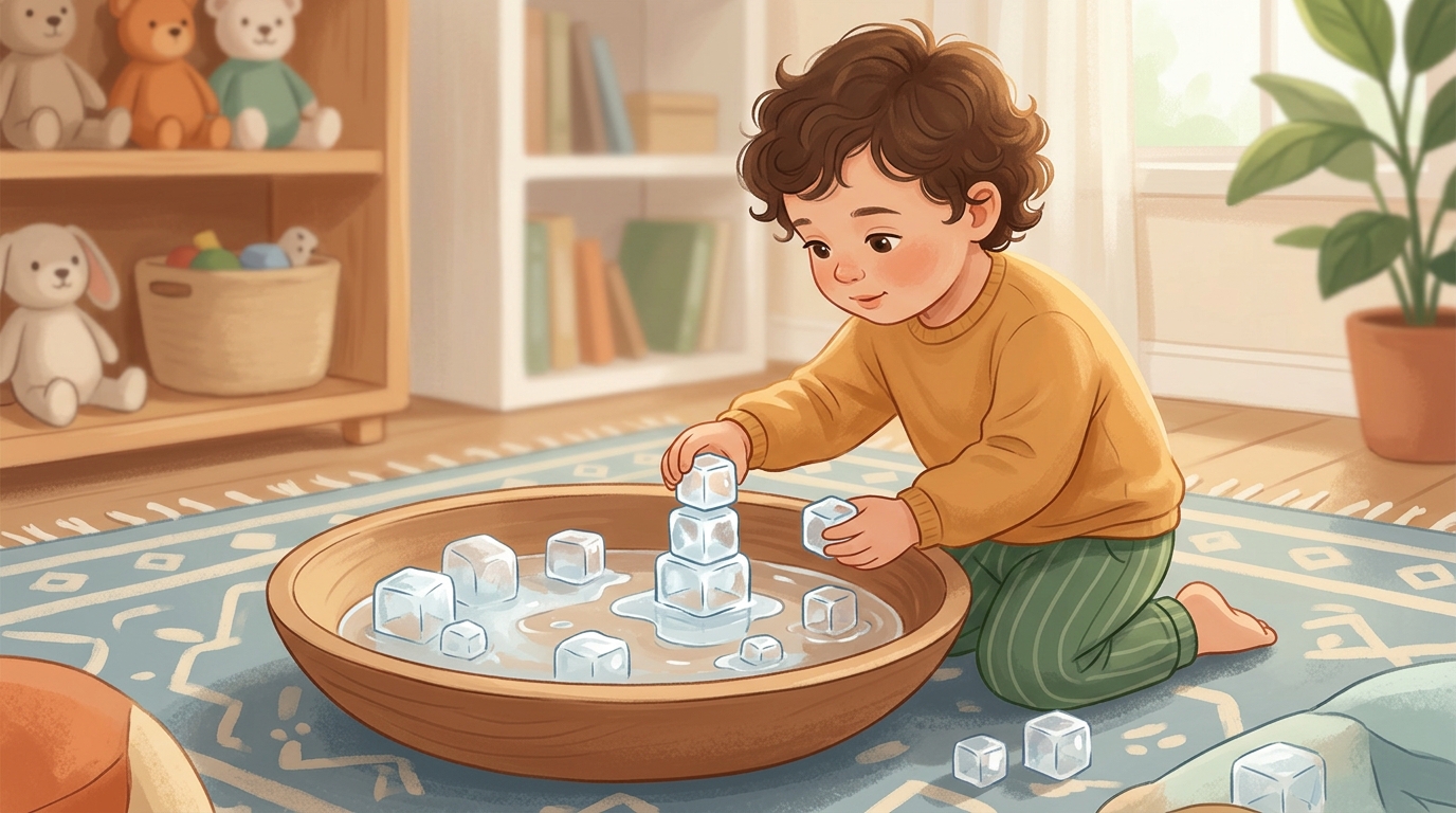 Cartoon illustration of a parent and child at home doing Ice Play.