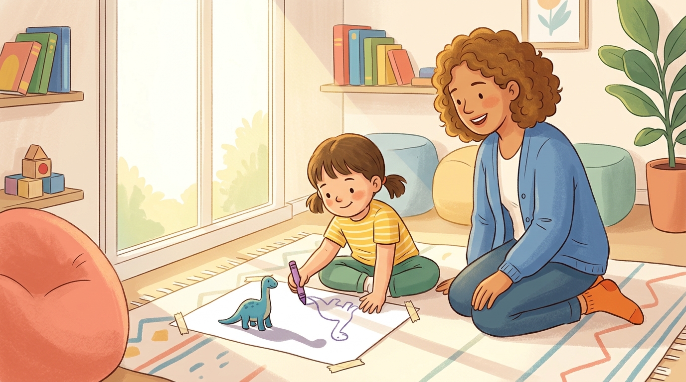 Cartoon illustration of a parent and child at home doing Shadow Trace Art.