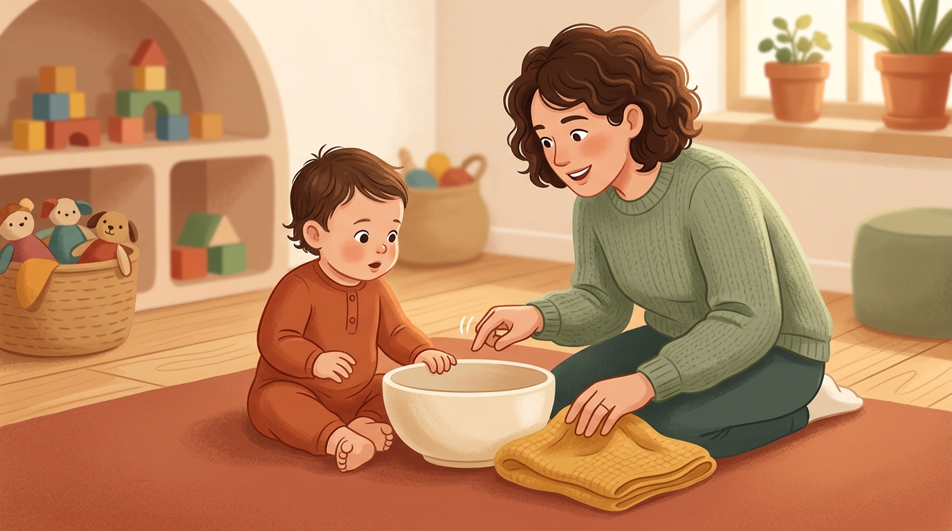 Cartoon illustration of a parent and child at home doing Two Gentle Home Sounds.
