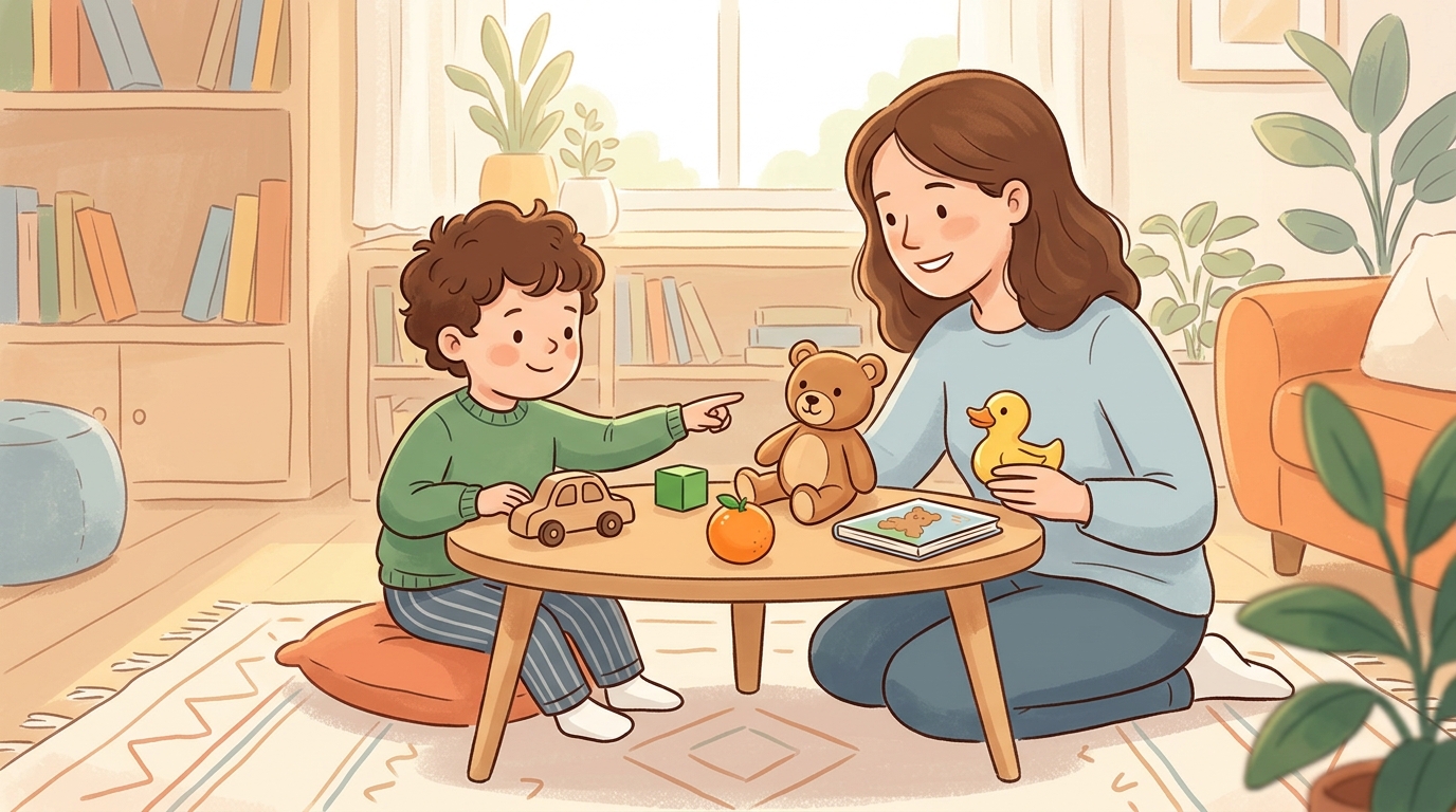 Cartoon illustration of a parent and child at home doing What's Different.