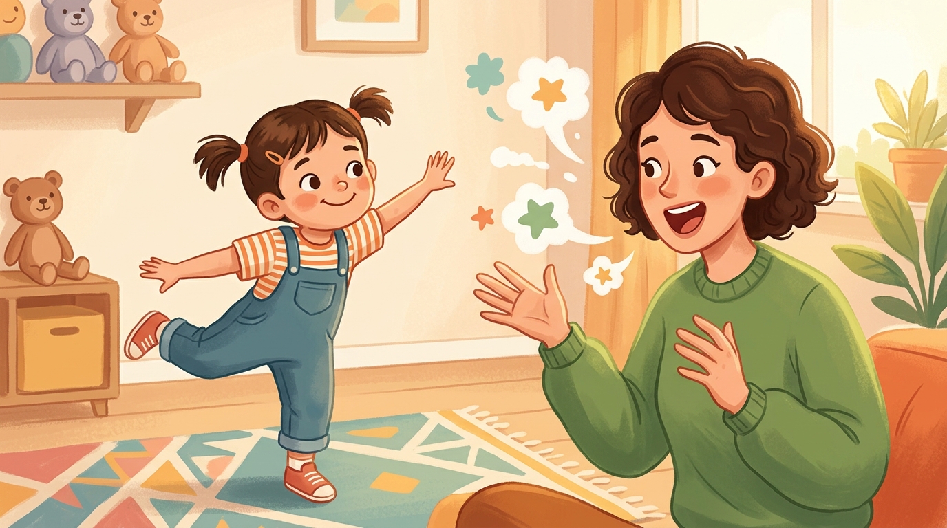 Cartoon illustration of a parent and child at home: music stops and the parent describes the child's frozen pose in funny detail aloud.