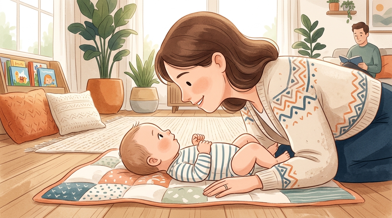 Cartoon illustration of a parent and child at home doing Face Tracking Arc.