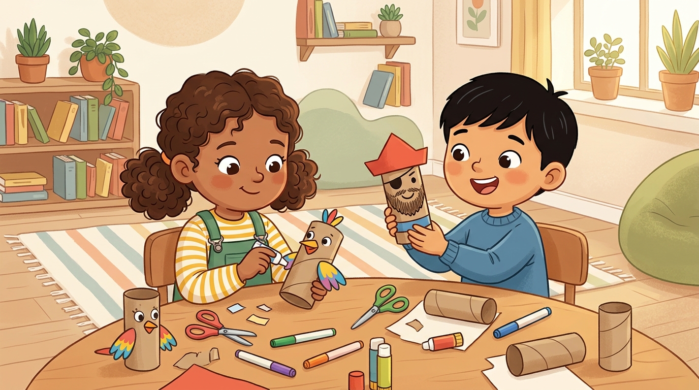 Cartoon illustration of a parent and child at home doing Cardboard Tube Characters.