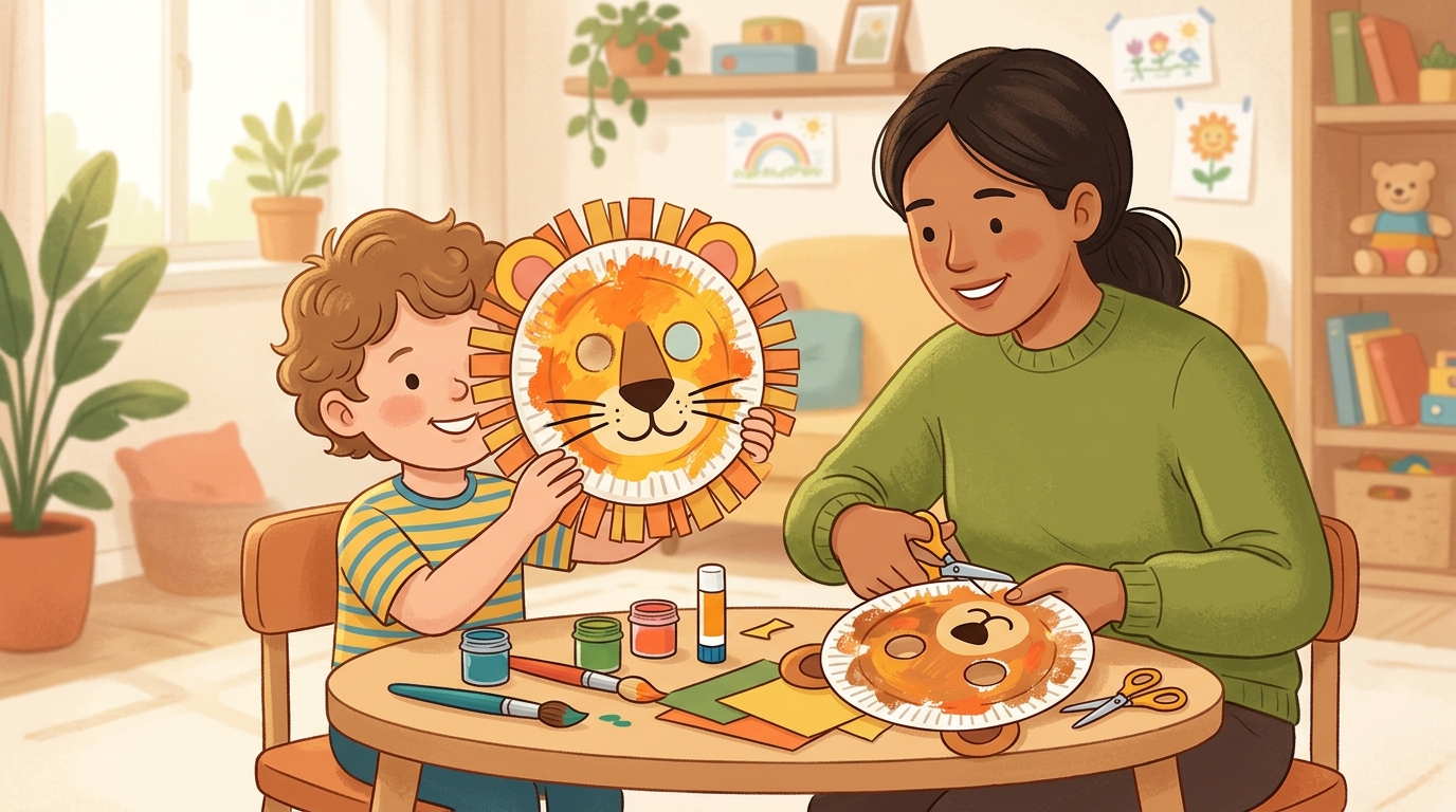 Cartoon illustration of a parent and child at home: child decorates a paper plate into an animal face.