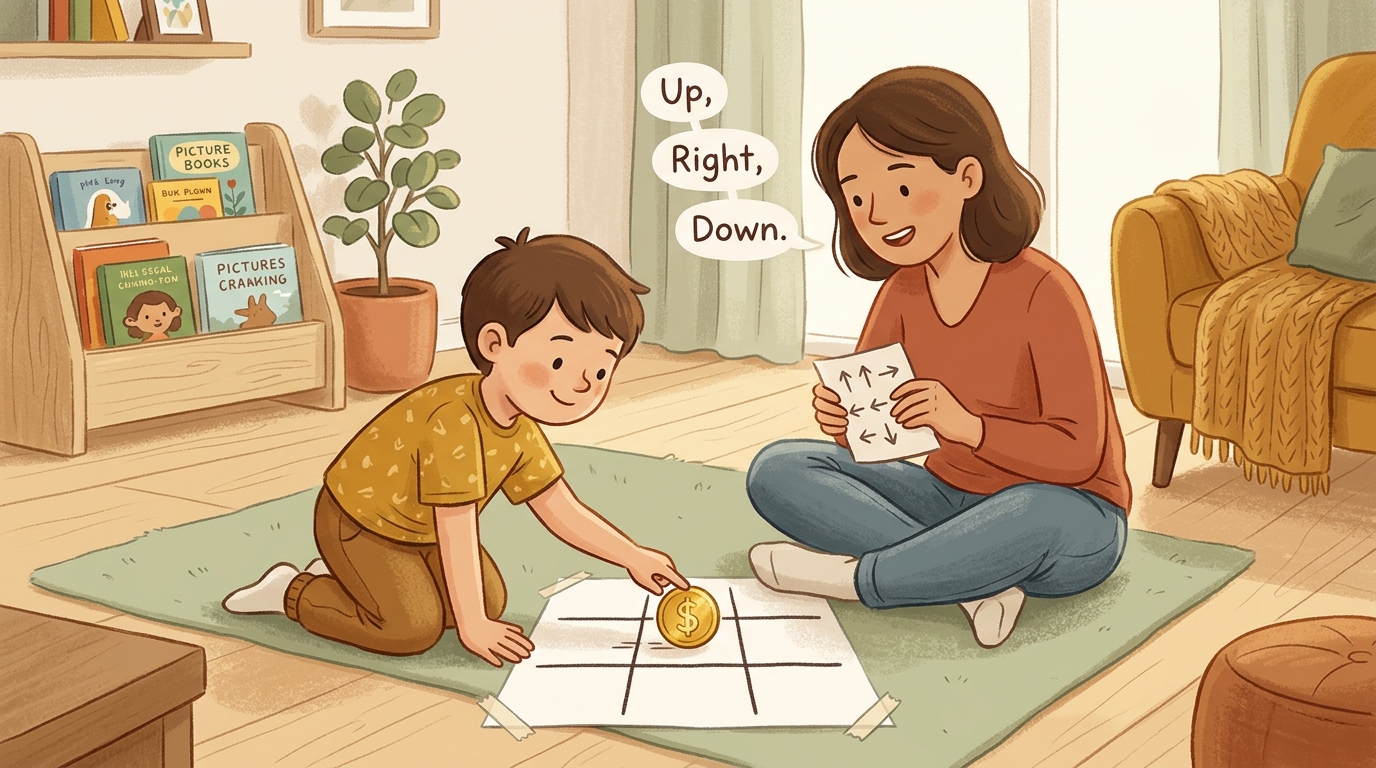 Cartoon illustration of a parent and child at home doing Paper Controller Maze.