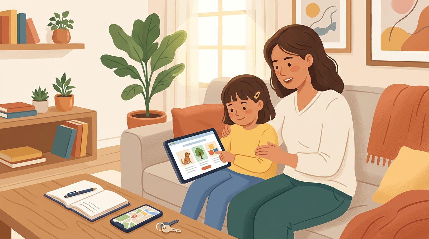 Cartoon illustration of a parent and child at home doing Plan a Volunteer Shift.