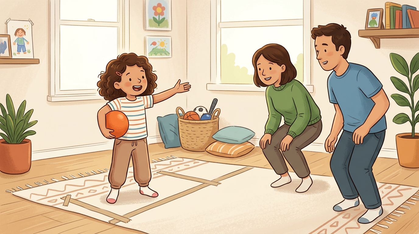Cartoon illustration of a parent and child at home doing Invent a Rule Sport.