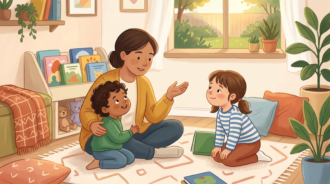 Cartoon illustration of a parent and child at home doing Tell Me a Family Story.