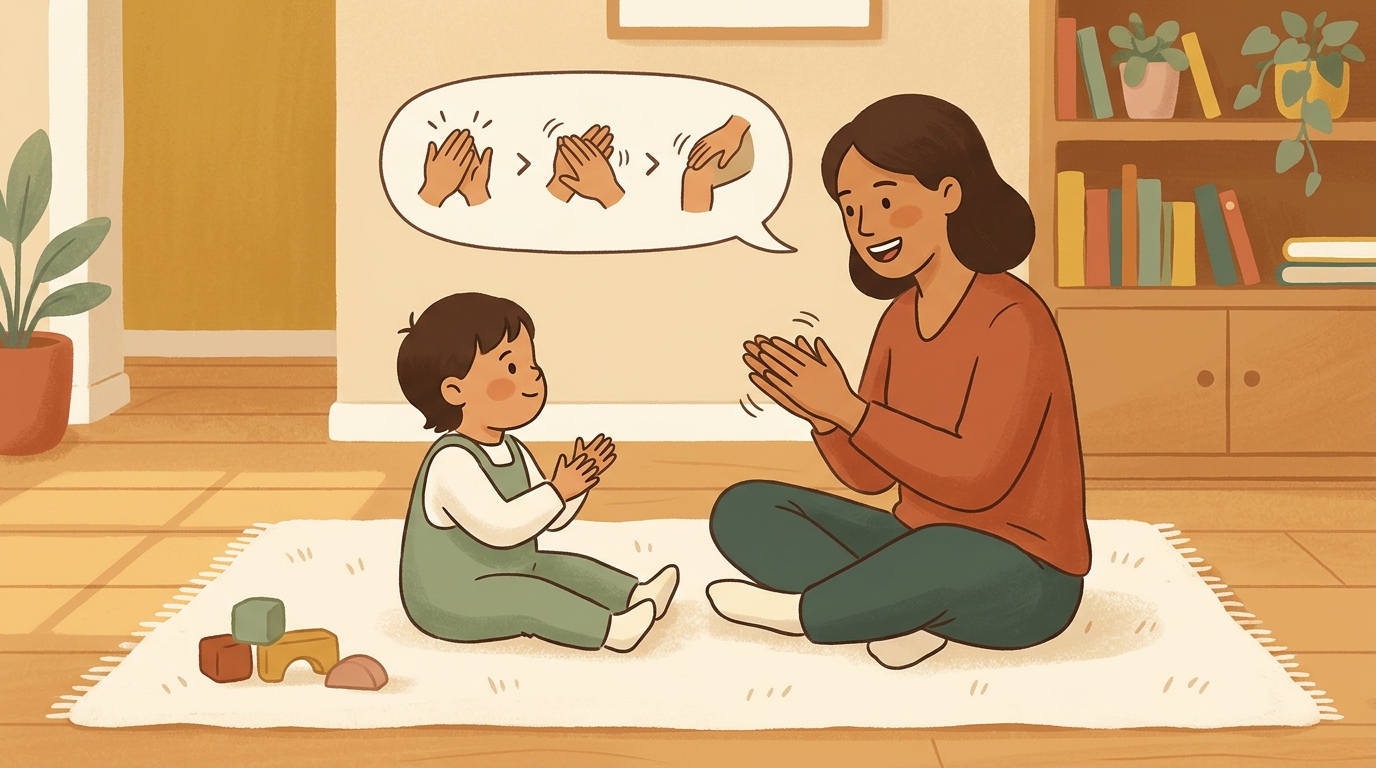 Cartoon illustration of a parent and child at home doing Three Sounds No Instruments.