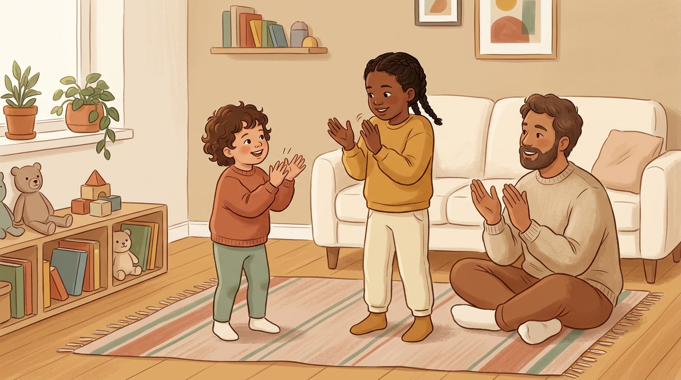 Cartoon illustration of a parent and child at home doing Copy Then Add.