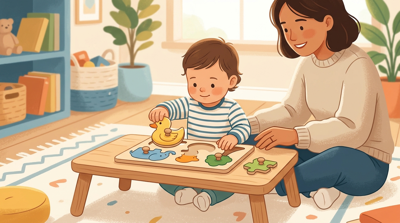 Cartoon illustration of a parent and child at home doing Knob Puzzle Placing.