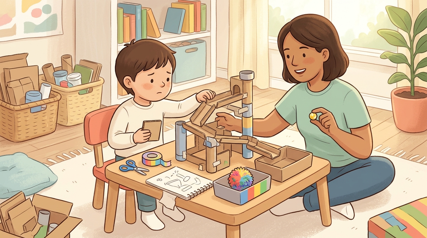 Cartoon illustration of a parent and child at home doing Cardboard Engineering Challenge.