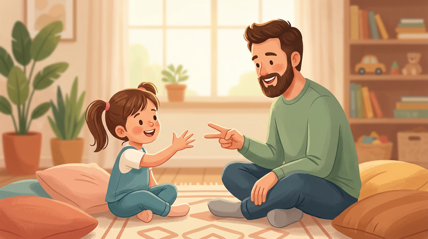 Cartoon illustration of a parent and child at home: family runs a knockout rock-paper-scissors bracket, quick fun for any waiting moment.