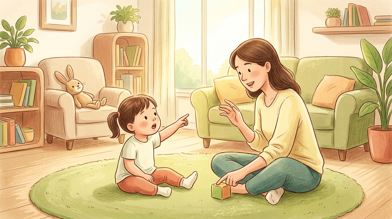 Cartoon illustration of a parent and child at home: name an object in the room and ask whether it is near or far.