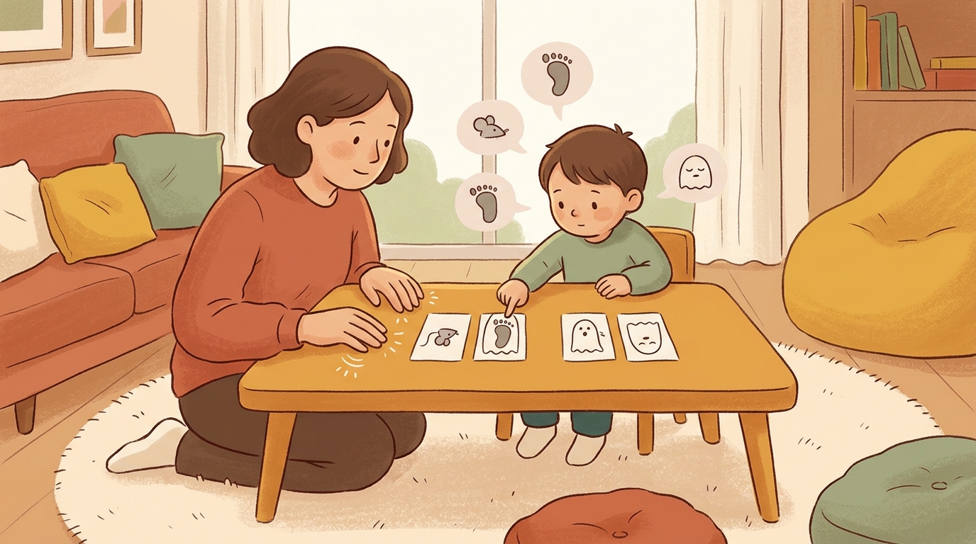 Cartoon illustration of a parent and child at home doing Ghost Footstep Composer.