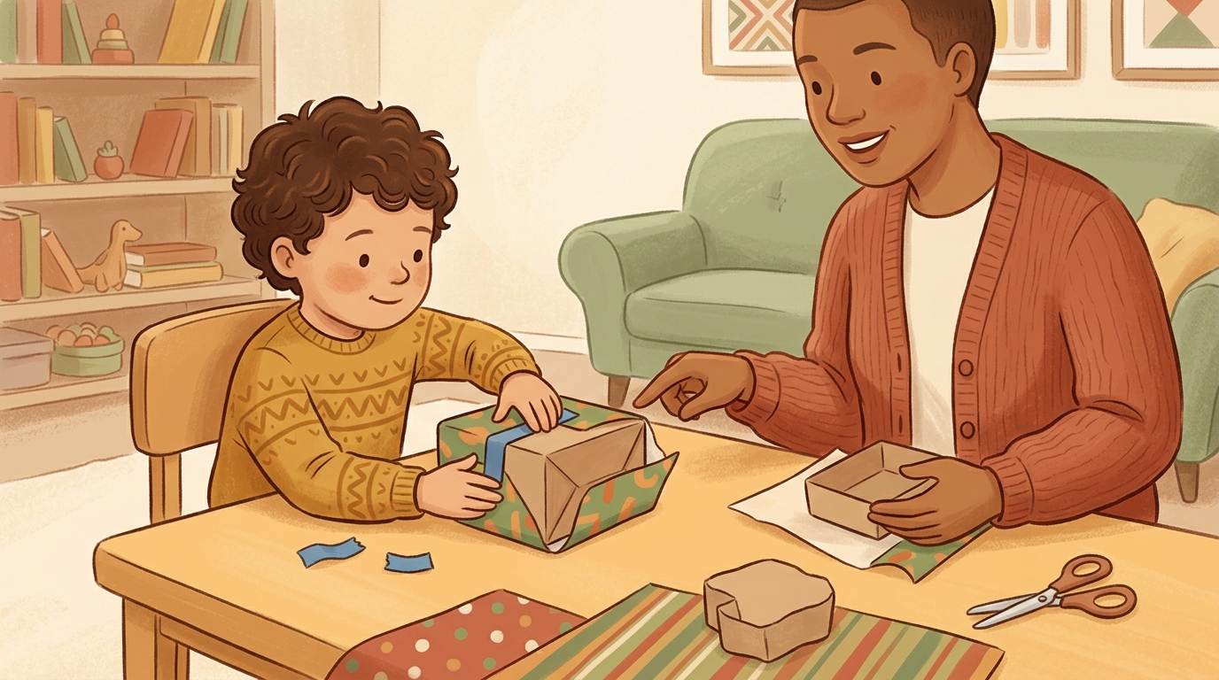 Cartoon illustration of a parent and child at home doing Wrap With Two Pieces.