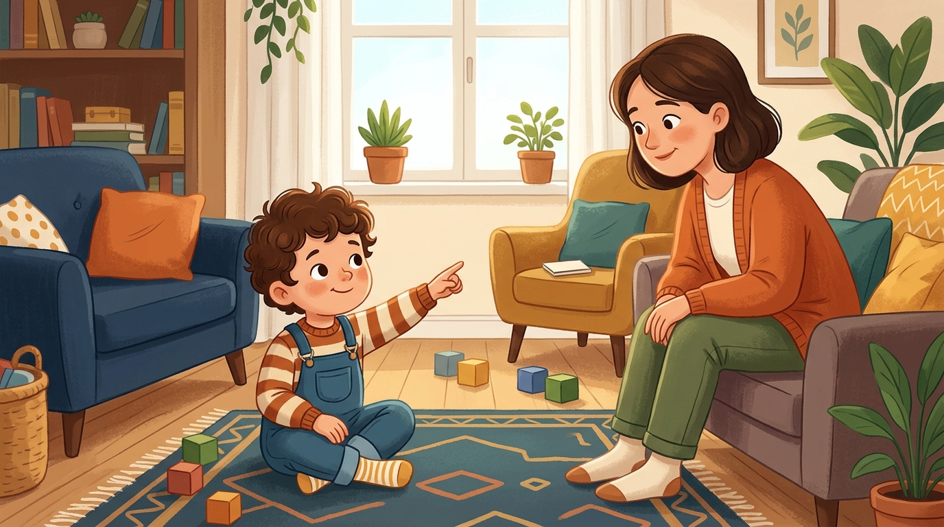 Cartoon illustration of a parent and child at home doing I Spy.