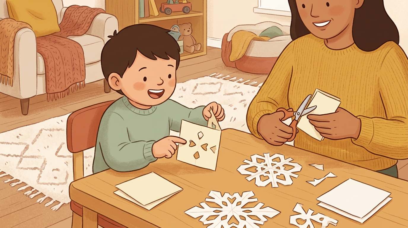 Cartoon illustration of a parent and child at home doing Fold And Reveal Snowflakes.