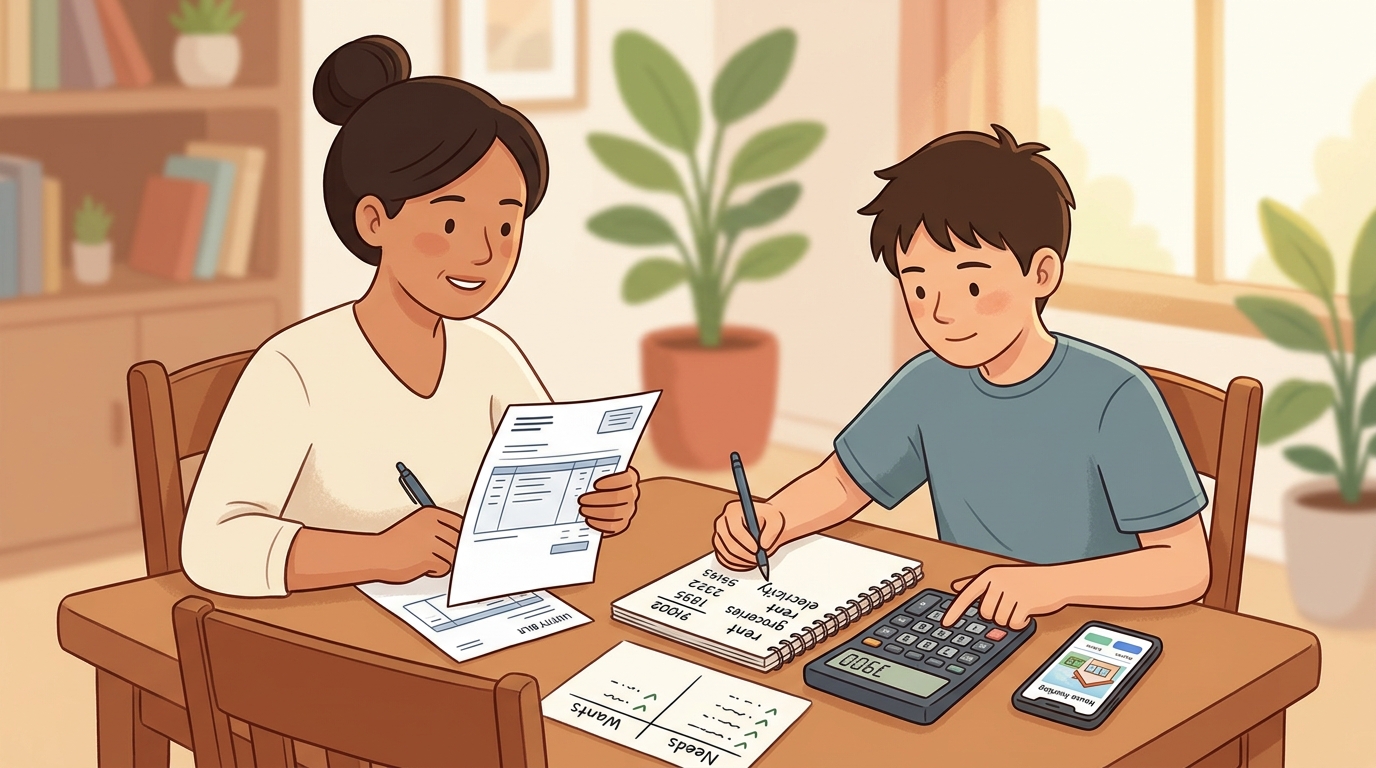 Cartoon illustration of a parent and child at home: teen plans a pretend monthly budget for living independently, comparing needs vs wants.