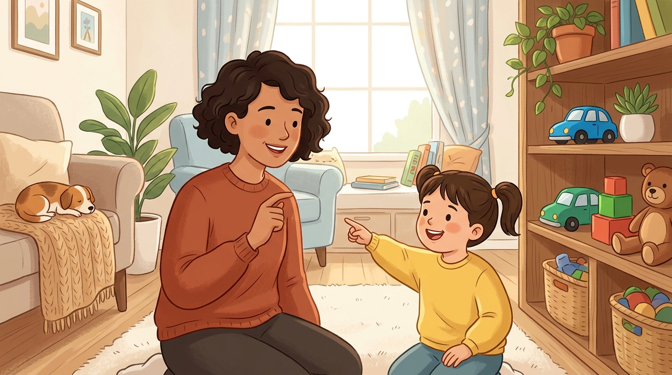Cartoon illustration of a parent and child at home doing I Spy Colors.