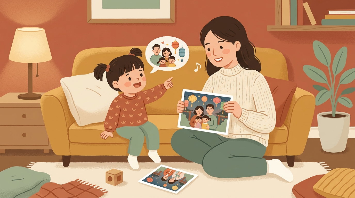 Parent and child retelling a festival moment from a family photo.