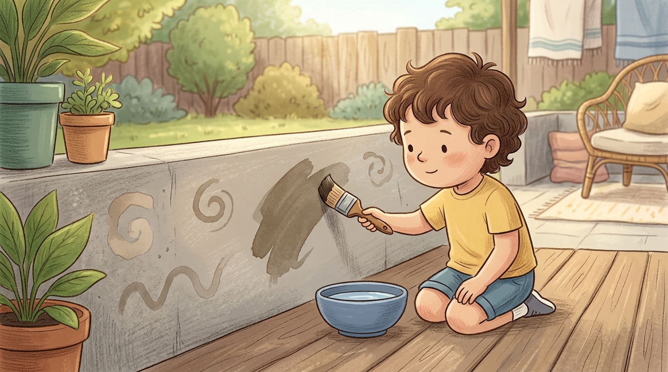 Cartoon illustration of a parent and child outdoors doing Water Painting Outside.