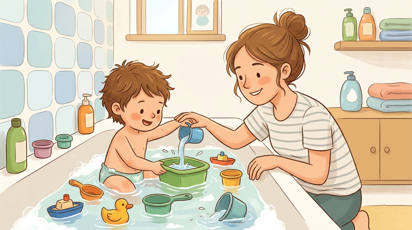Cartoon illustration of a parent and child at home doing Bath Toy Play.