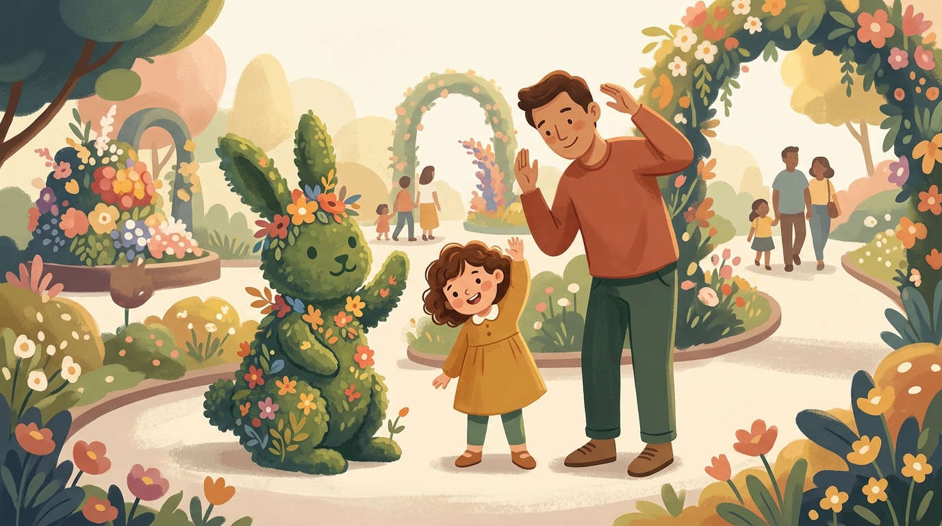 Cartoon illustration of a parent and child at home doing Topiary Tiny Pose.