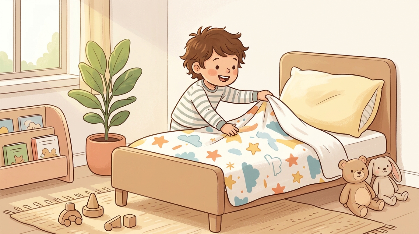 Cartoon illustration of a parent and child at home: child pulls up the covers and arranges pillows or cushions on their sleeping space.