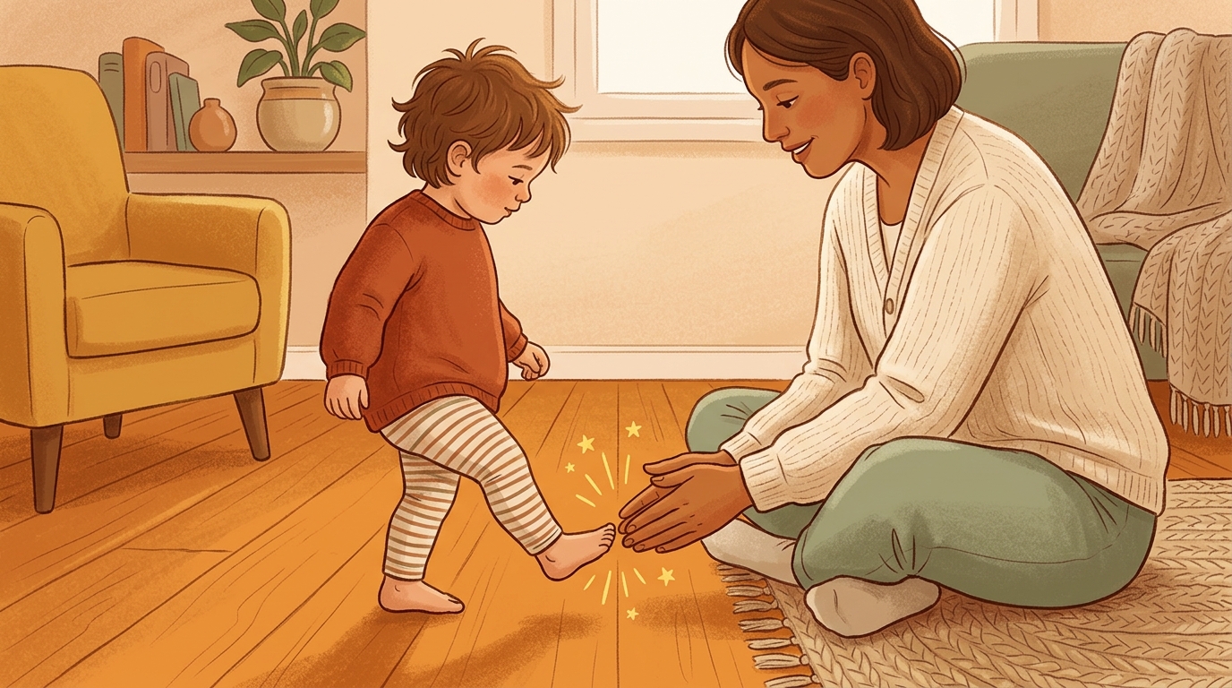 Cartoon illustration of a parent and child at home doing Sound Follows The Step.