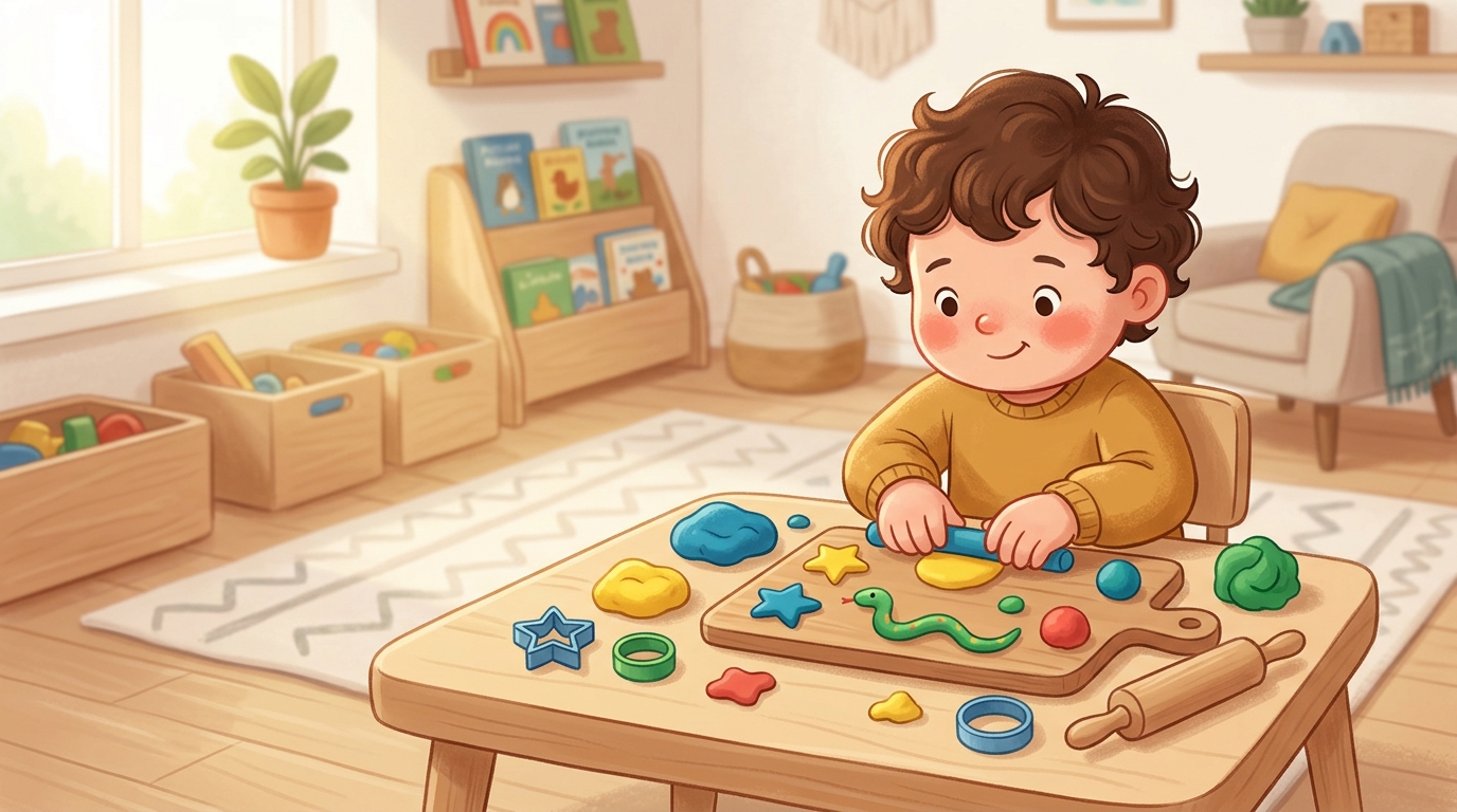 Cartoon illustration of a parent and child at home doing Playdough Creations.
