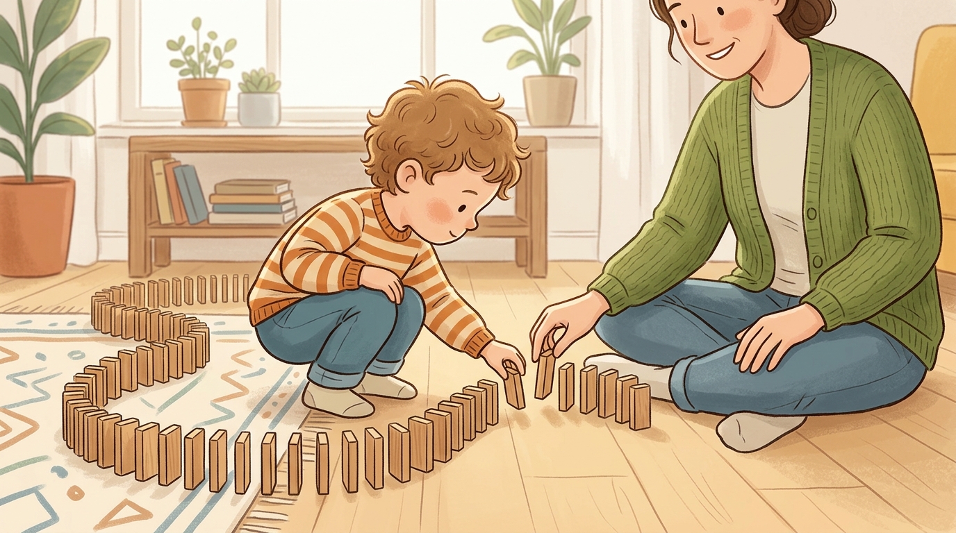 Cartoon illustration of a parent and child at home doing Domino Topple.