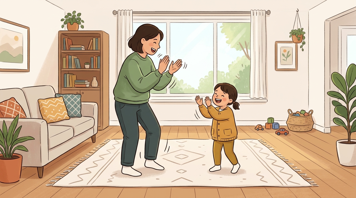 Cartoon illustration of a parent and child at home doing Copy and Extend Movement.