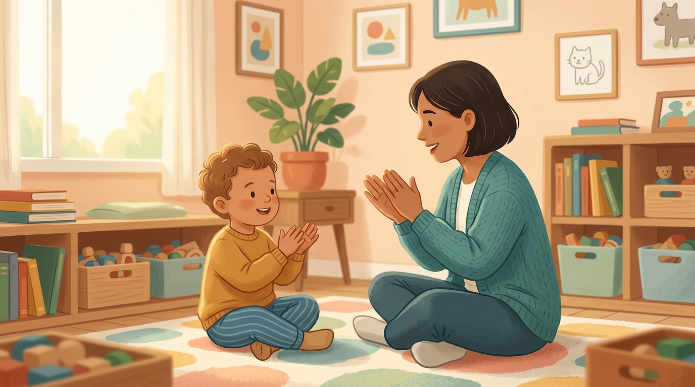Cartoon illustration of a parent and child at home: adult claps a simple rhythm or pattern; child repeats it back.
