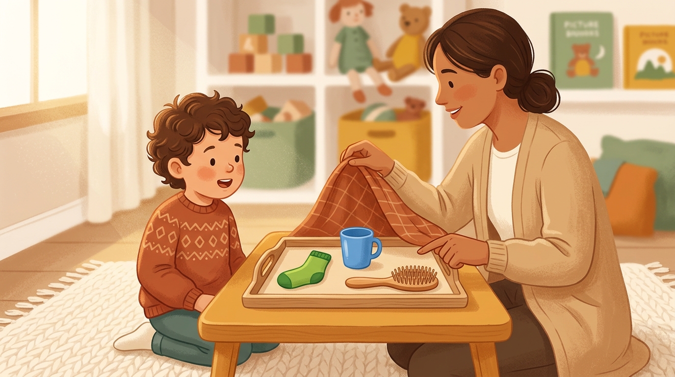Cartoon illustration of a parent and child at home doing Museum Memory Tray.