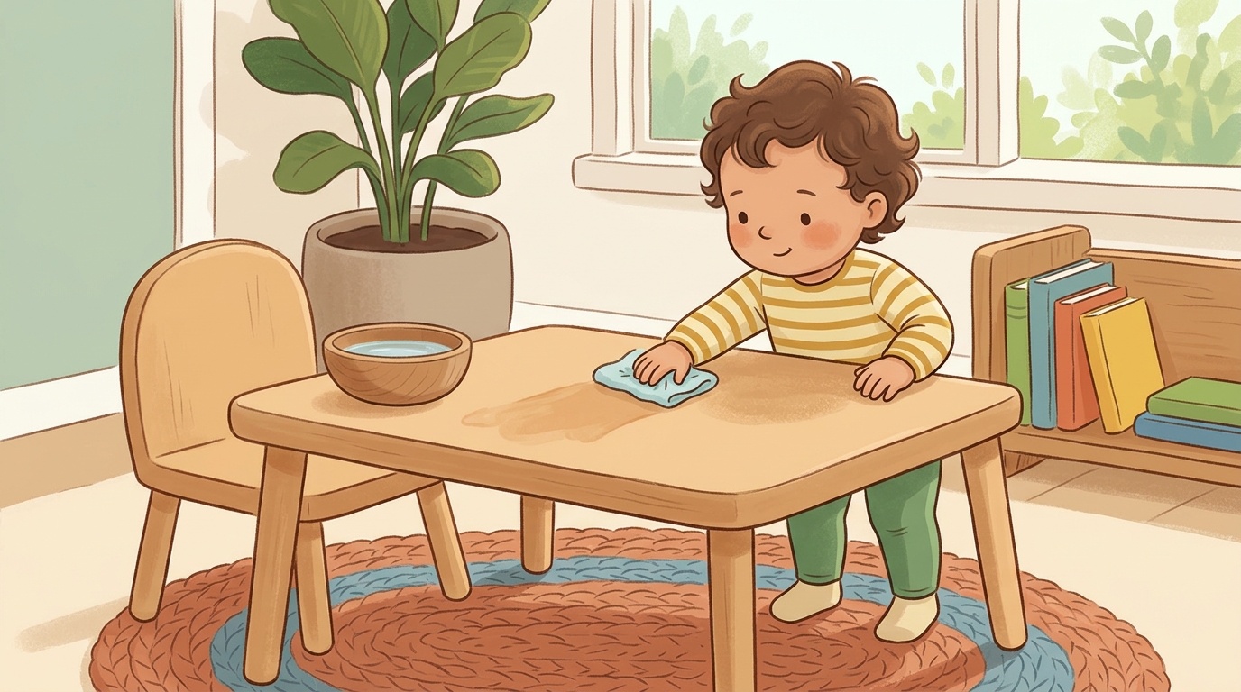 Cartoon illustration of a parent and child at home doing Table Wipe Helper.