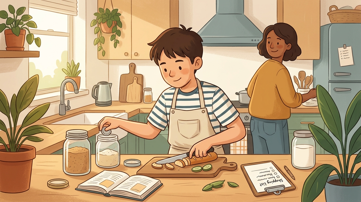 Cartoon illustration of a parent and child at home: teen plans and cooks one simple meal solo for the family, from list to table.