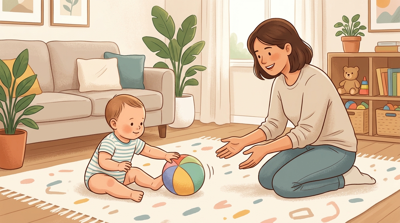 Cartoon illustration of a parent and child at home doing Soft Ball Roll.