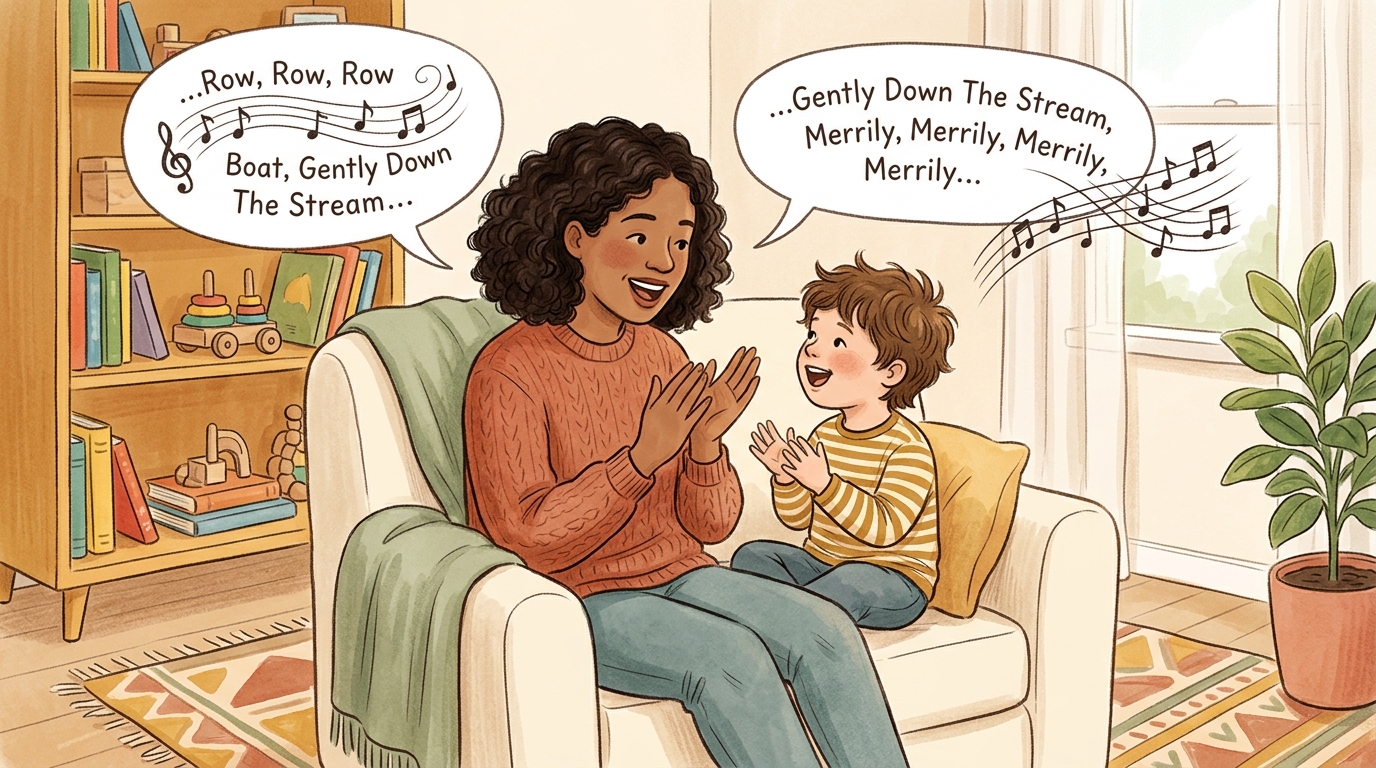Cartoon illustration of a parent and child at home doing Two Voices One Round.