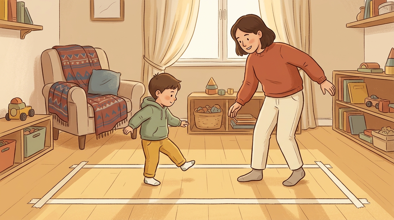 Cartoon illustration of a parent and child at home doing Slowest Race Wins.