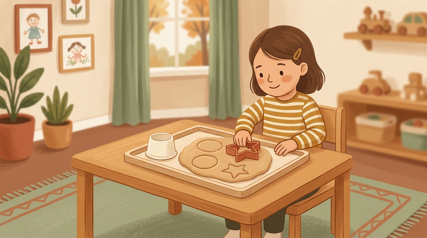 Cartoon illustration of a parent and child at home doing Baker Shape Match.