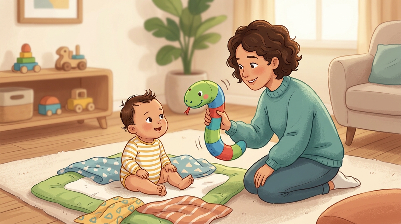 Cartoon illustration of a parent and child at home doing Where's the Sound? Search.